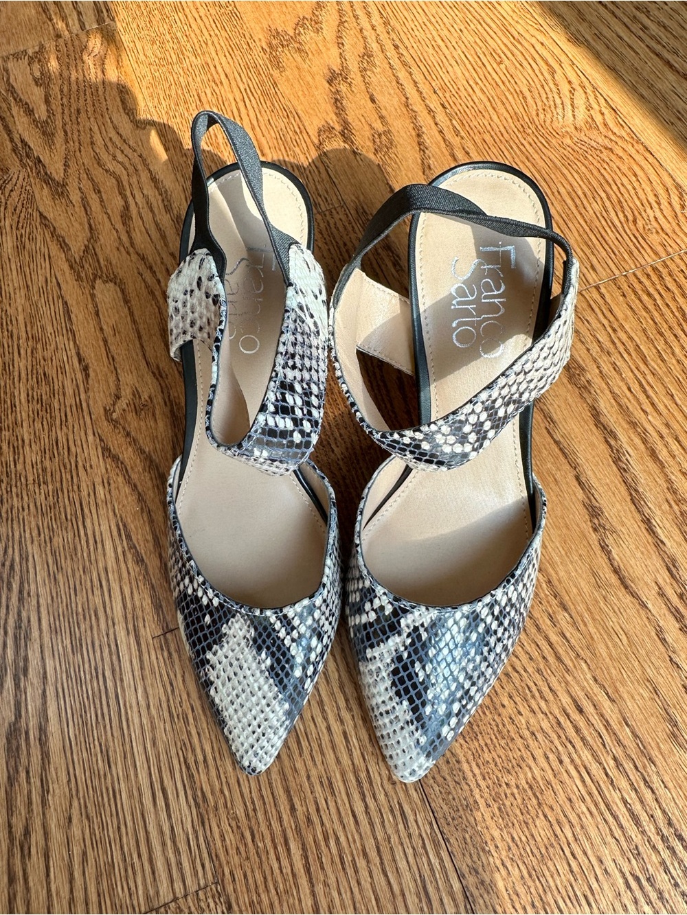 Franco Sarto Black & White Snake-Print Pointed Strappy Slingback Pumps